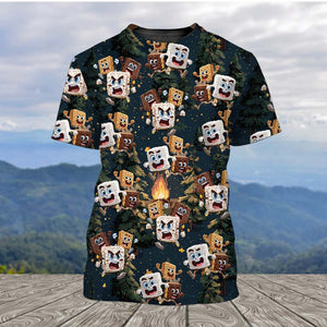 Chocolate and Cracker Chasing Marshmallow Camping All Over Print Shirt