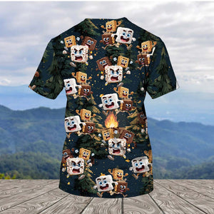 Chocolate and Cracker Chasing Marshmallow Camping All Over Print Shirt