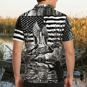 America Mallard Duck Hunting Black And White Men Polo Shirt
