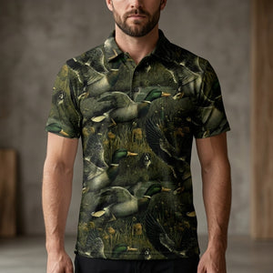 Mallard Duck Hunting Moss Green Vintage Men Polo Shirt