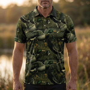 Mallard Duck Hunting Moss Green Vintage Men Polo Shirt