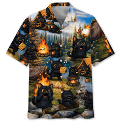 Vintage Black Cat Camping Hawaiian Shirt