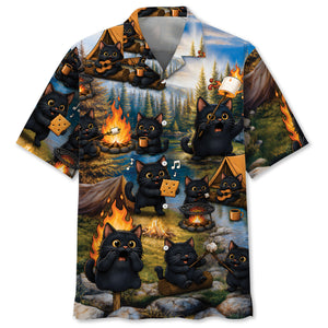 Vintage Black Cat Camping Hawaiian Shirt