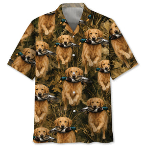Camouflage Golden Retriever Running With Mallard Duck Hawaiian Shirt