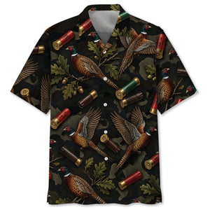 Vintage Pheasant Hunting Camouflage Black Hawaiian Shirt