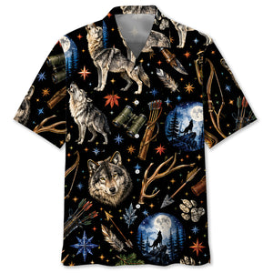Wolf Hunting Retro Black Hawaiian Shirt