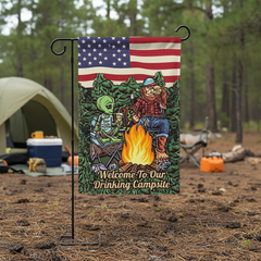 Welcome To Our Drinking Campsite Alien Bigfoot Camping Flag Decor