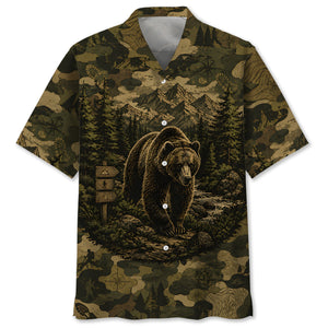 Grizzly Bear Forest Camouflage Dark Hawaiian Shirt