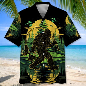 Bigfoot Fishing Green Alien Forest Hawaiian Shirt