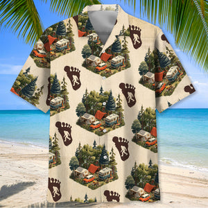 Retro Camping with Bigfoot Tracks Hawaiian Shirt