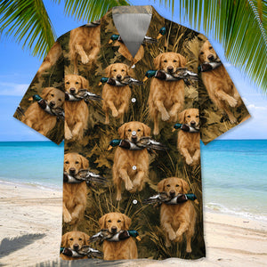 Camouflage Golden Retriever Running With Mallard Duck Hawaiian Shirt