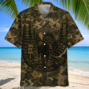 Moose Forest Camouflage Dark Hawaiian Shirt