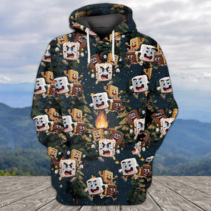 Chocolate and Cracker Chasing Marshmallow Camping All Over Print Shirt