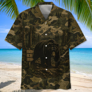 Black Bear Forest Camouflage Dark Hawaiian Shirt