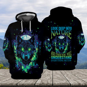 Look Deep Into The Nature And You Will Understand Everything Better Wolf All Over Print Shirt
