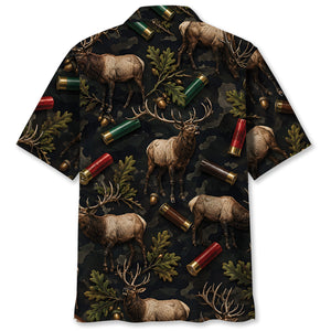 Vintage Elk Hunting Camouflage Black Hawaiian Shirt