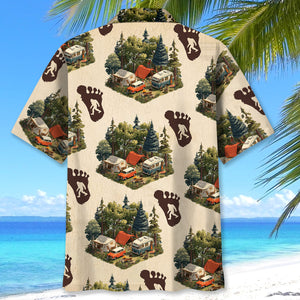Retro Camping with Bigfoot Tracks Hawaiian Shirt