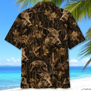 Vintage Feral Pig Art Camo Hawaiian Shirt