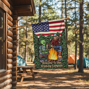 Welcome To Our Drinking Campsite Alien Bigfoot Camping Flag Decor