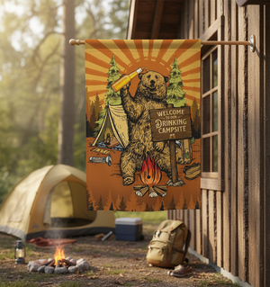 Welcome To Our Drinking Campsite Retro Bear Flag Decor