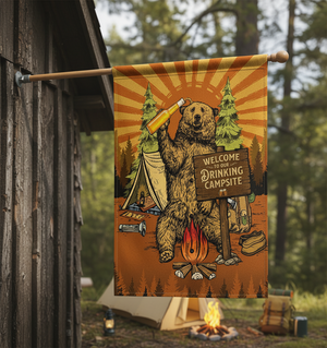 Welcome To Our Drinking Campsite Retro Bear Flag Decor