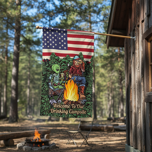 Welcome To Our Drinking Campsite Alien Bigfoot Camping Flag Decor