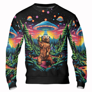 Bear Alien Night Drinking All Over Print Shirt