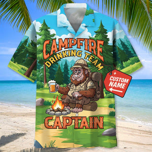 Custom Name Bigfoot Campfire Drinking Team Captain Hawaiian Shirt