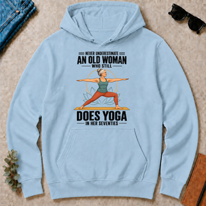 Never Underestimate An Old Woman Does Yoga In Her 70s - light-blue - HS2D-LightBlue