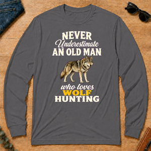 Never Underestimate An Old Man Who Loves Wolf Hunting Retro - charcoal - LST2D-Charcoal