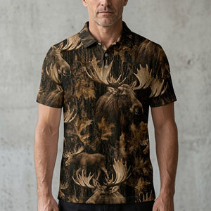 Vintage Moose Art Camo Men Polo Shirt