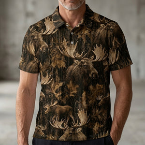 Vintage Moose Art Camo Men Polo Shirt