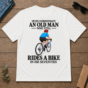 An Old Man Still Rides A Bike In His Seventies - white - TS2D-White