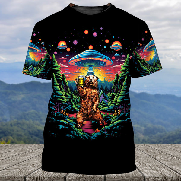 Bear Alien Night Drinking All Over Print Shirt