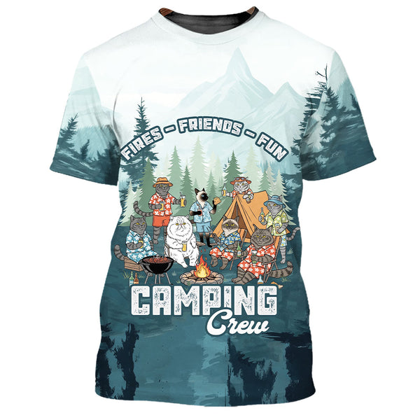 Friends, Fires, Fun Camping Crew Cats All Over Print Shirt
