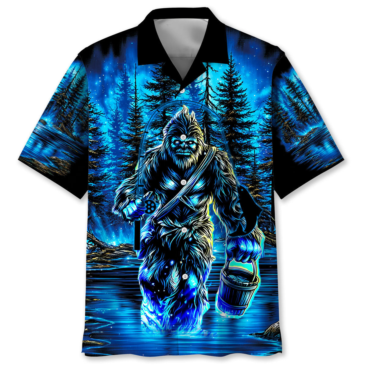 Bigfoot Fishing Blue Moon Light Hawaiian Shirt