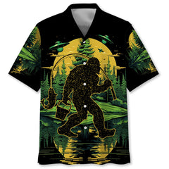 Bigfoot Fishing Green Alien Forest Hawaiian Shirt