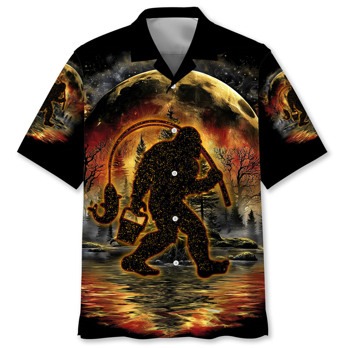 Fiery Bigfoot Fishing Hawaiian Shirt