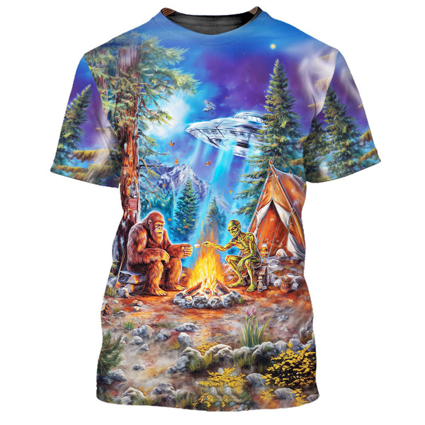Bigfoot Alien Camping Night All Over Print Shirt