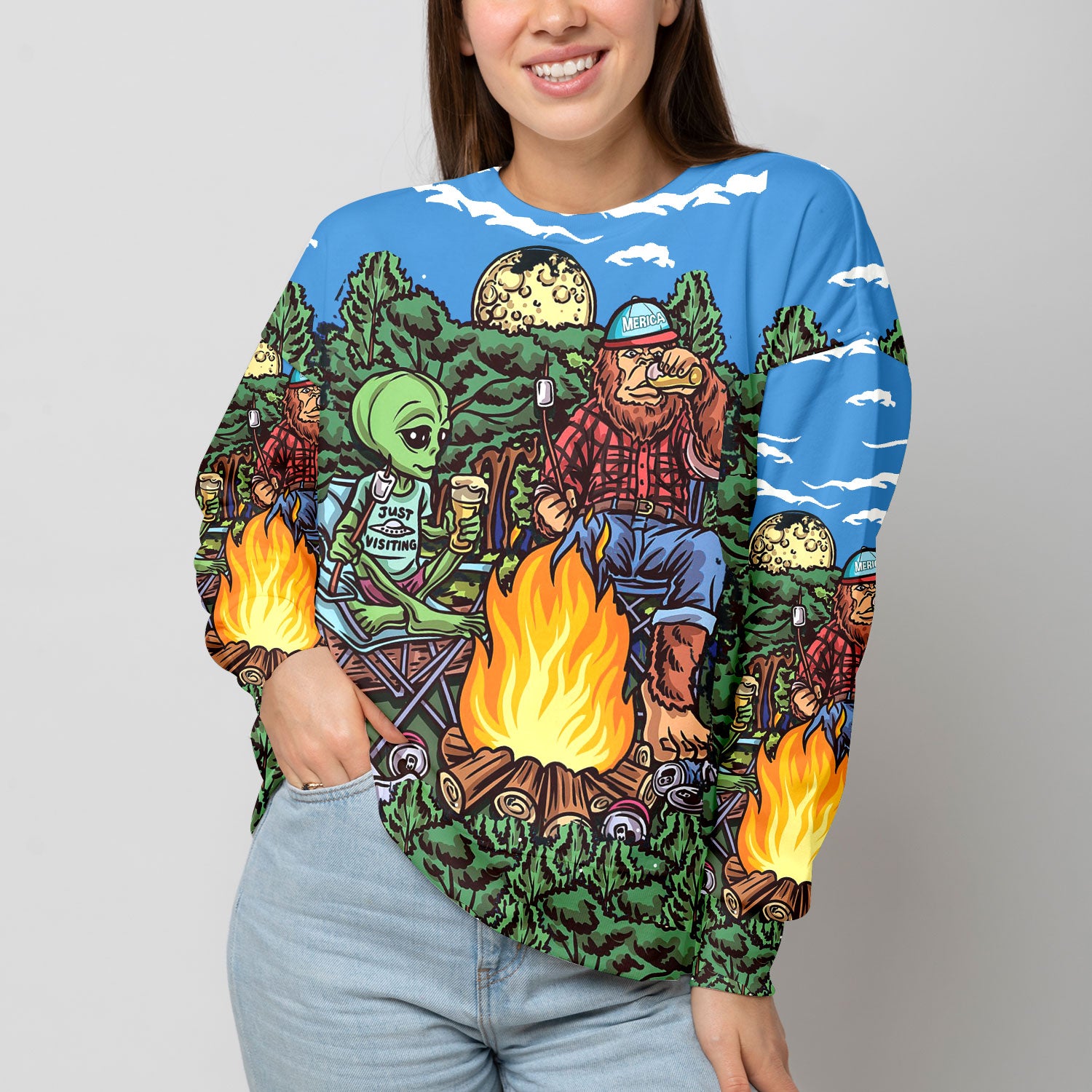 Alien Bigfoot Camping All Over Print Shirt