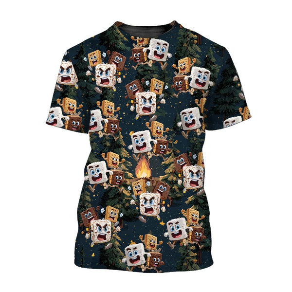 Chocolate and Cracker Chasing Marshmallow Camping All Over Print Shirt