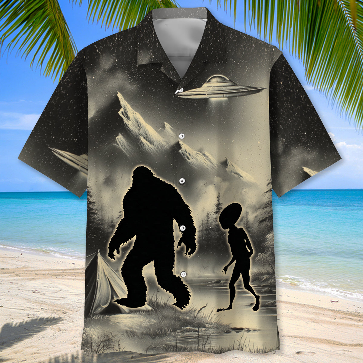 Mysterious Bigfoot and Alien At Campsite Hawaiian Shirt