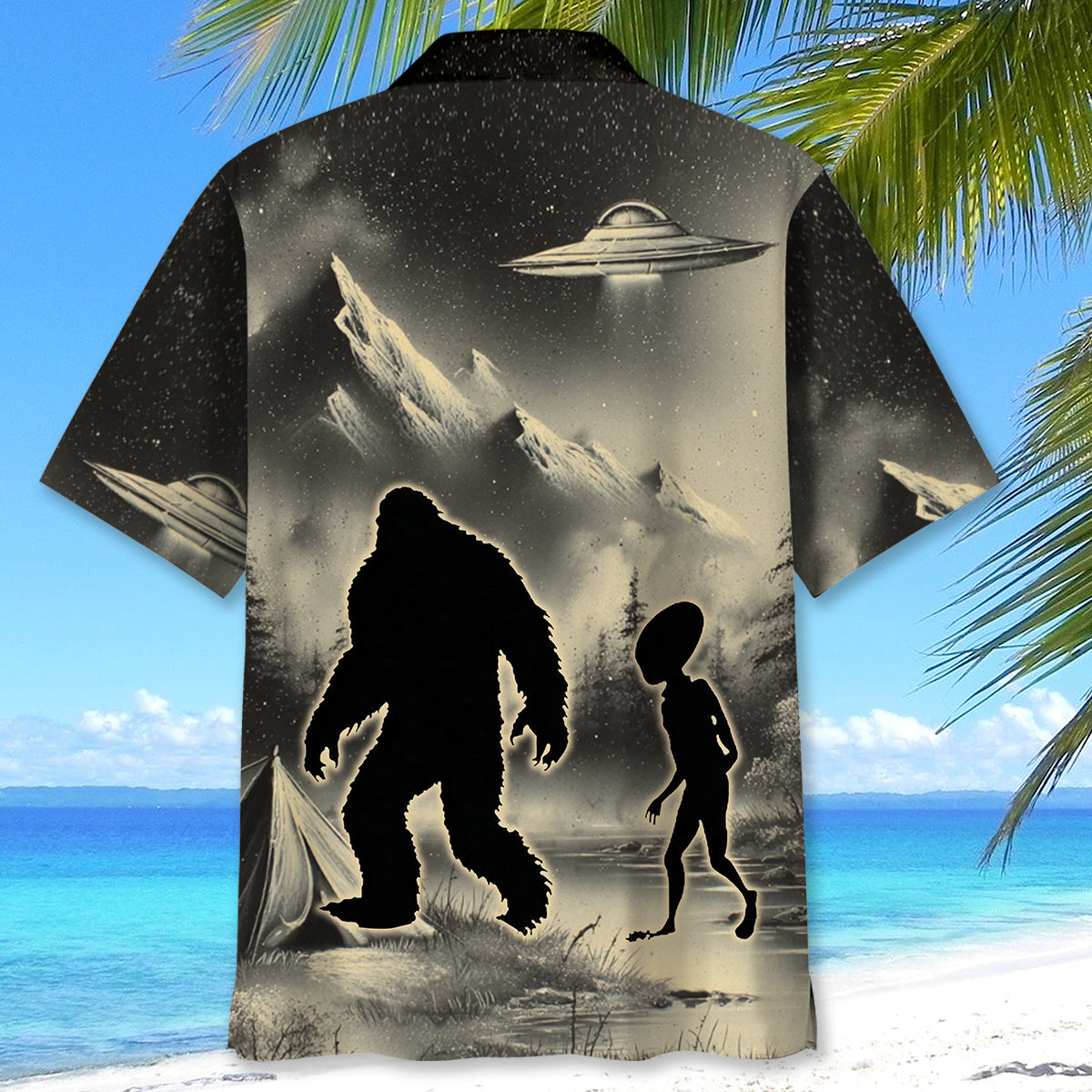 Mysterious Bigfoot and Alien At Campsite Hawaiian Shirt