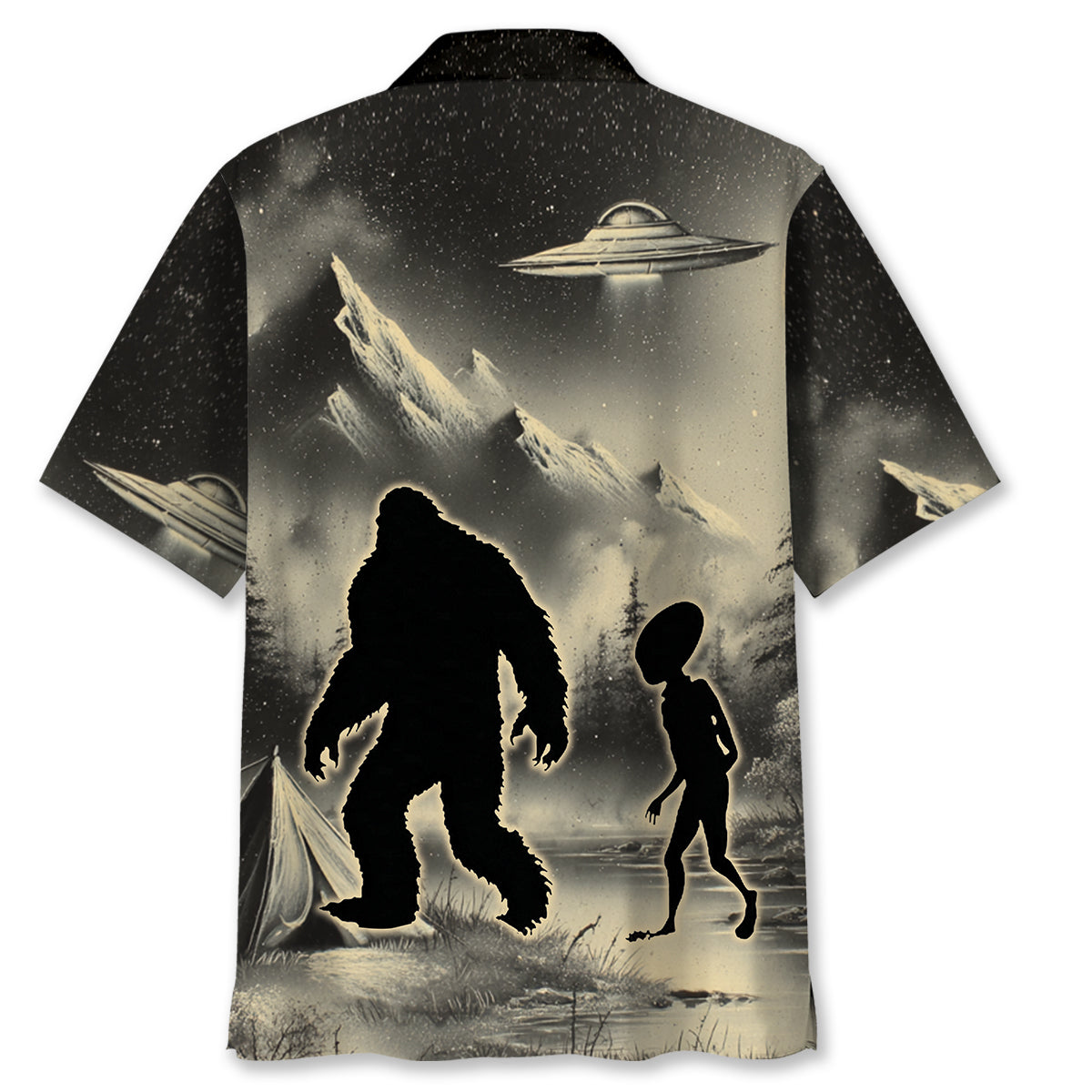 Mysterious Bigfoot and Alien At Campsite Hawaiian Shirt