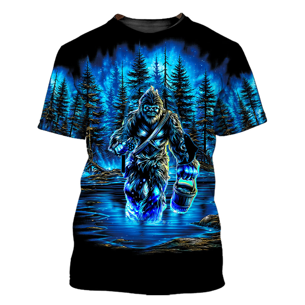Bigfoot Fishing Blue Moon Light All Over Print Shirt