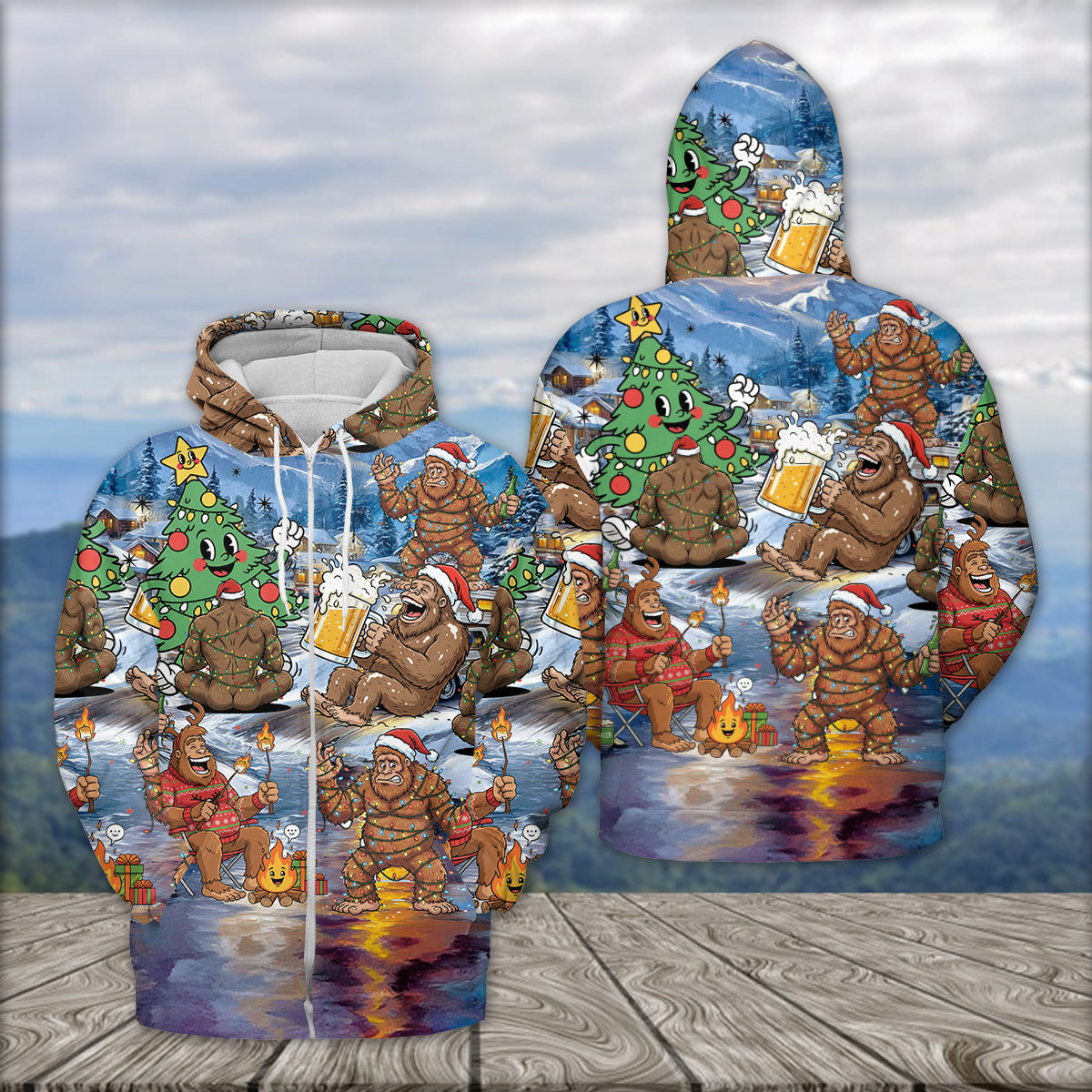 Bigfoot Camping In Santa Costume All Over Print Shirt