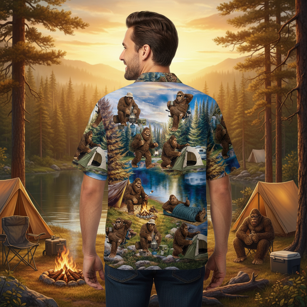 Funny Bigfoot Camping Hawaiian Shirt