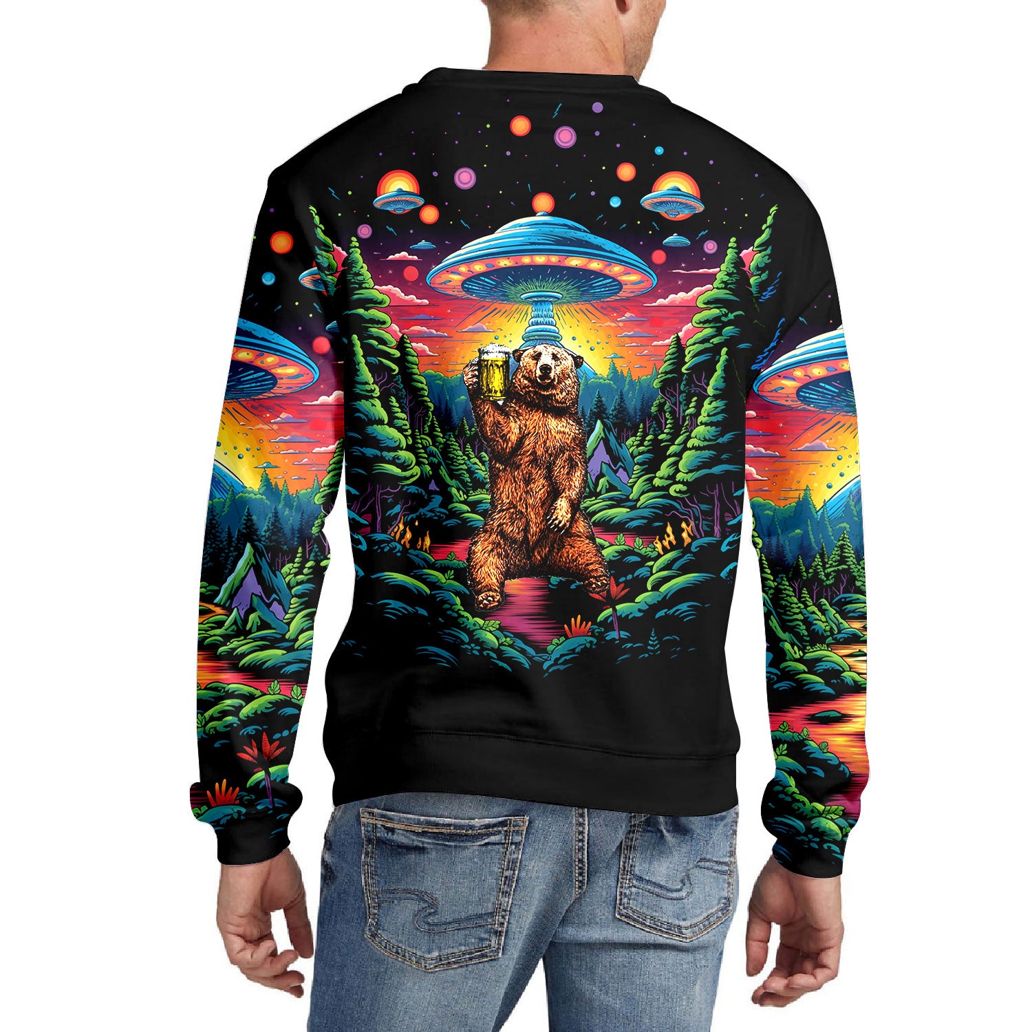 Bear Alien Night Drinking All Over Print Shirt