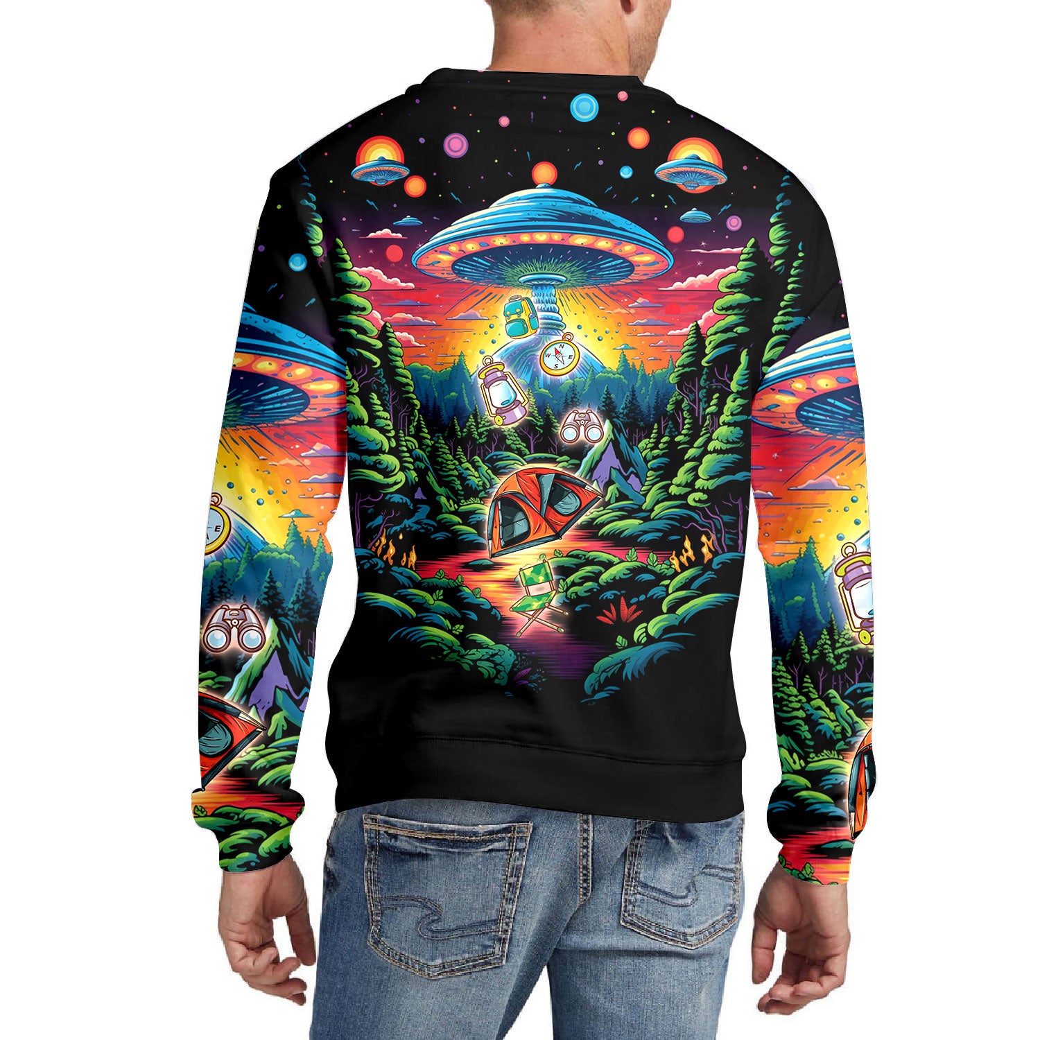 Alien UFO Abduction On Camping Site Night All Over Print Shirt