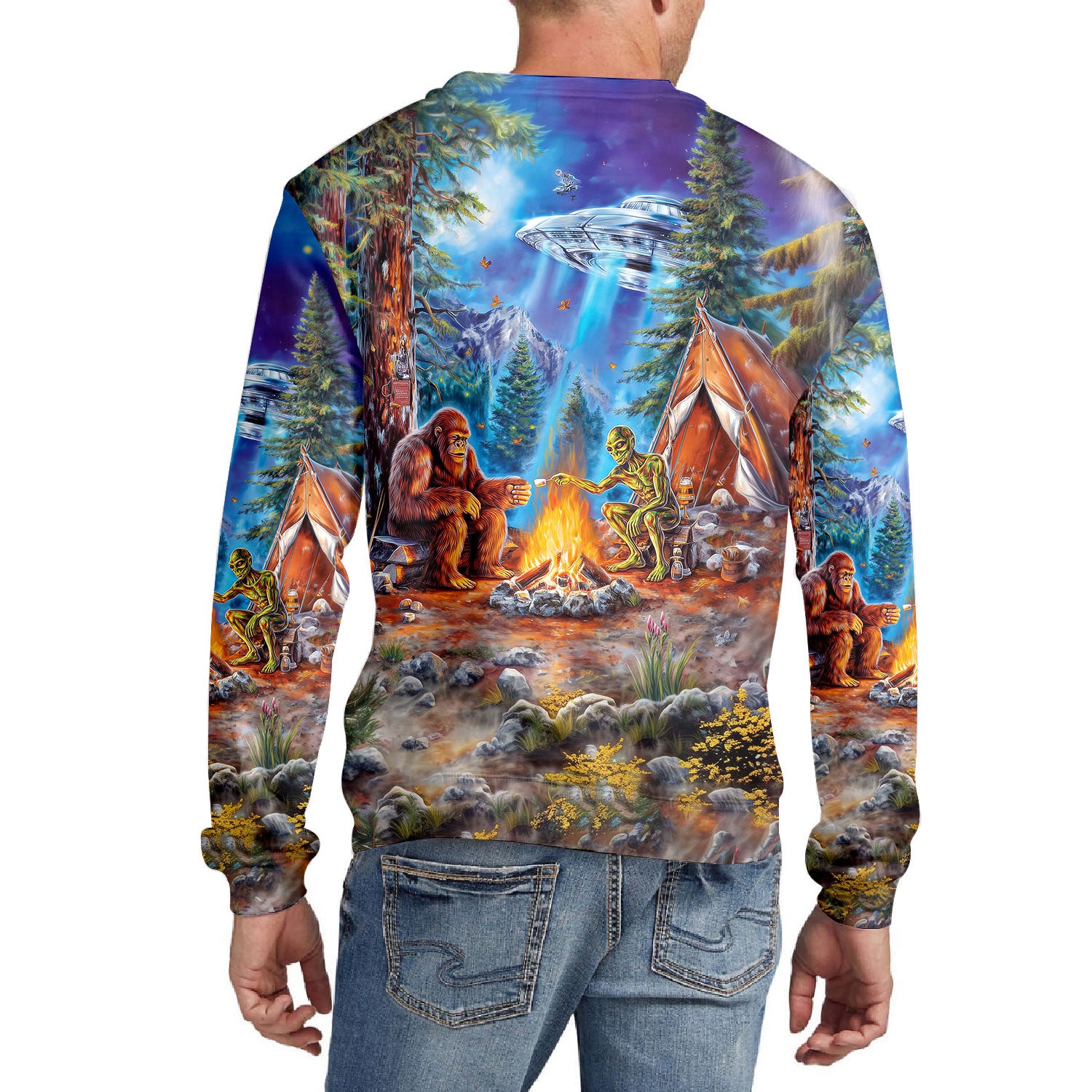 Bigfoot Alien Camping Night All Over Print Shirt